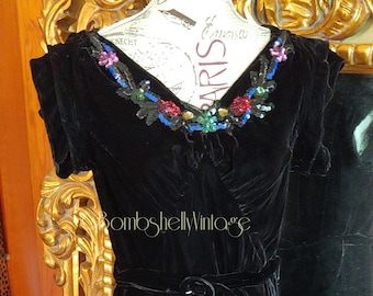 Vintage 1930's Black Velvet Gown with Coloful Sequin Trim