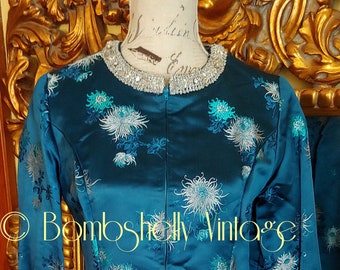 Vintage 60's Navy Blue Asian Silk Brocade Mini Dress with Jeweled Collar