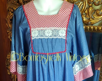 vintage 70's Impressions Cotton Denim look Maxi Robe avec Red Gingham Check Détails et Dentelle