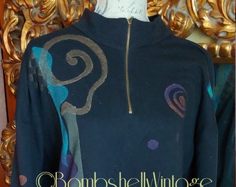 Vintage 90's Hand Painted Black Zip Front Tunic by Play Alegre Wearable Art