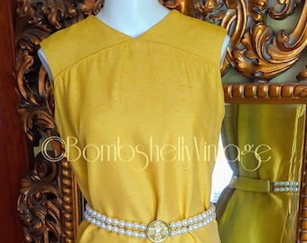 Vintage 60's Alfred Shaheen Gold 2 Piece Capri Set with Asian Pearl Coint Belt