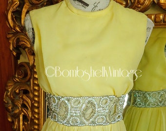Vintage 60's Yellow Chiffon Cocktail Dress with Transparent Bejeweled Waist