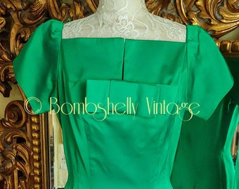 Vintage 1950's Emerald Green Satin Wiggle Dress Leonards Cricket Shop Springfield MA