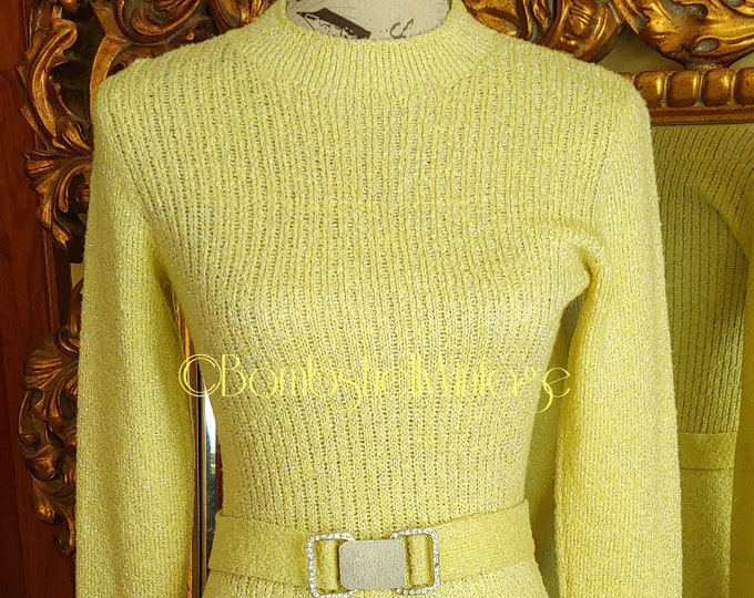 Vintage 60's St. John Knits Lemon Yellow Metallic Knit Dress With