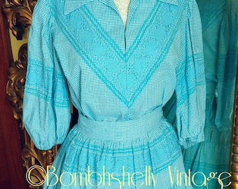 Vintage 50's Blue Gingham Check Patio Skirt Set with Crochet Details