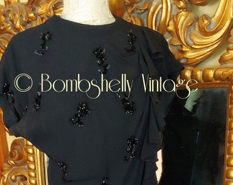 Vintage 40's Black Crepe Dress with Ruffle and Sequin Bows