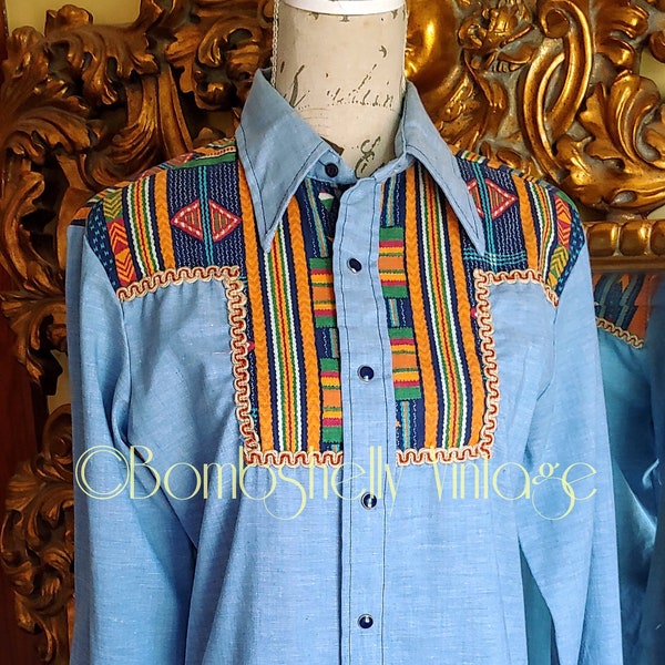 Vintage 70's Maverick Womens Western Denim Shirt with Southwestern Details
