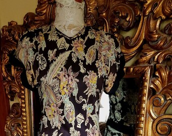 Vintage 30's Rayon Jersey Novelty Print Drop Waist Dress