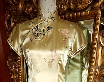 Vintage Solz Squirell Long Gold Silk Brocade Cheongsam Dress