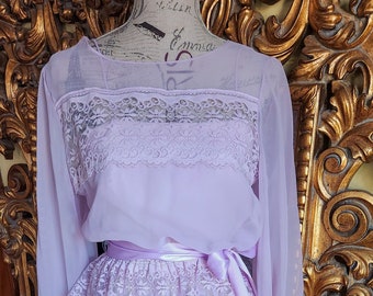 Vintage 70's JC Penny's Two Piece Lavender Chiffon Overlay Peplum Gown with Lace Details