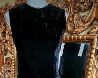 Vintage 60's Black Crushed Velvet Jumpsuit with Side Split Legs and Rhinestone Trim