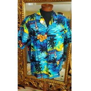 Vintage 60er Jahre Herren Blau Aloha Tiki Shirt von Creations Hawaii