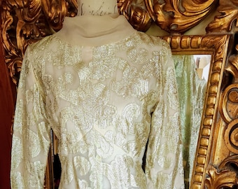 Vintage 60's Gold Metallic Sheer Brocade Gown with Attached Scarf