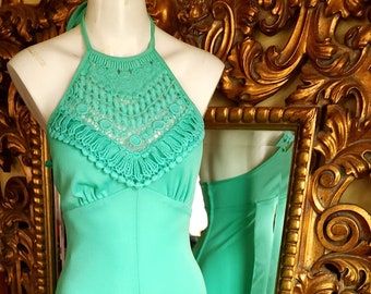 Vintage 70's JC Penneys Fashions Mint Green Polyester Halter Jumpsuit with Macrame Details