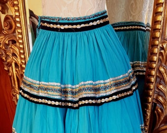 Vintage 50's Blue Cotton Gauze Patio Circle Skirt with Velvet and Metallic Trim