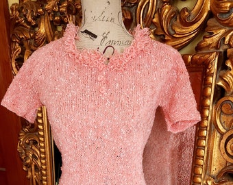 Vintage 70's Coral Boucle Hand Knit Dress with Fringe Collar