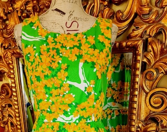 Vintage 60's Malia Honolulu Green and Gold Floral Textured Cotton Dress