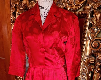 Vintage 50's Red Silk Jaquard Shirtwaist Fit and Flare Dress