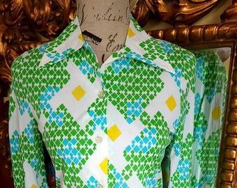 Vintage 70's Green and Blue Abstract Nylon Blouse