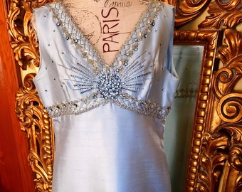 Vintage 60's Ice Blue Silk Beaded Sheath Gown XL