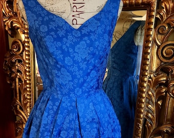Vintage 50's Blue Cotton Jaquard Bubble Dress