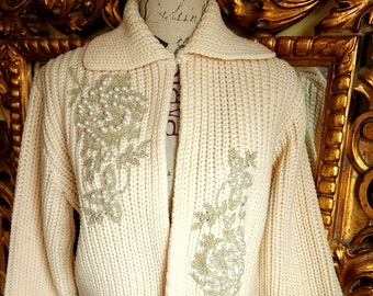 Vintage 50's Ethel of Beverly Hills Embellished White Cardigan Sweater