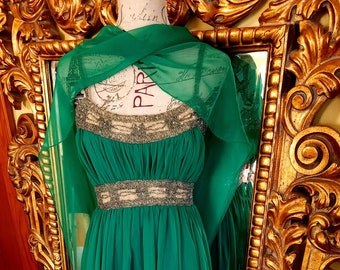 Vintage 60's Mike Benet Formals Emerald Green Beaded Chiffon Gown with Scarf