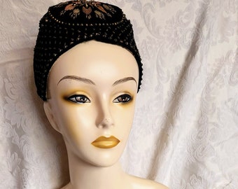 Vintage 40&#39;s Le Minor Bretagne French Black Velvet Beaded Hat & Purse