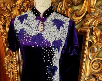 Vintage 90's Purple Velour Cheongsam with Beading and Silver Sequins