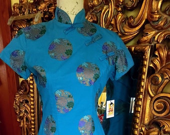 Vintage 60's Alfred Shaheen Blue Hand Screened Cotton Cheongsam Long Dress