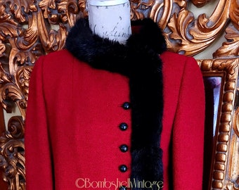 Vintage 60's Canadian Red Wool Short Coat with Black Fur Trim