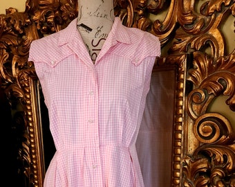Vintage 60's Bea Young Pink Gingham Check Shirt Waist dress with Western Details