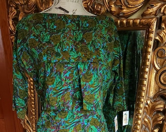 Vintage 50's Morlove Couturier Blouse Green Floral Skirt Set