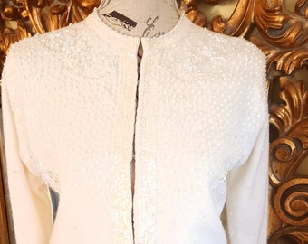 Vintage 50's Fab u Lous White Angora Sequined and Beaded Cardigan