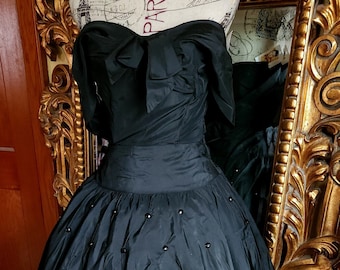 Vintage 50's Black Taffeta Off the Shoulder Fit and Flare Party Dress with Tufted Full Skirt