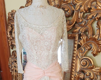 Vintage 50s Bramson Natural Lace Dress with Pink Taffeta Sash