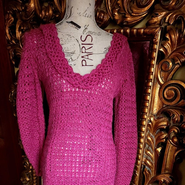 Vintage 70's Raspberry Handknit Maxi Dress