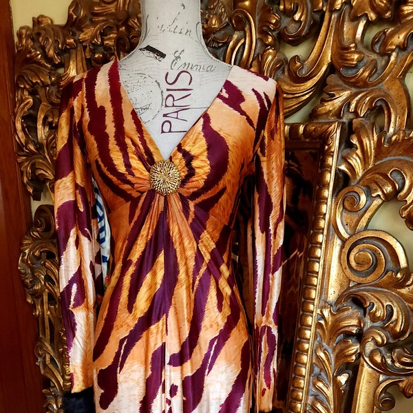 Vintage 70's Tiger Stripe Maxi Dress with Rabbit Fur Cuffs and Coro Brooch