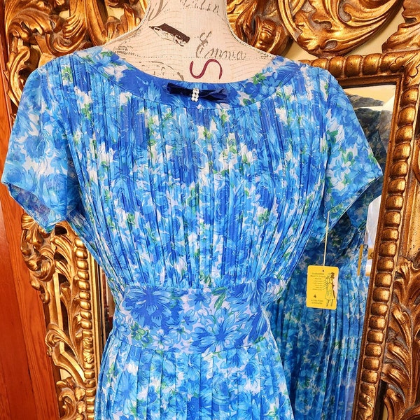 Vintage 50's Blue Floral Chiffon Volup Size Deadstock Dress