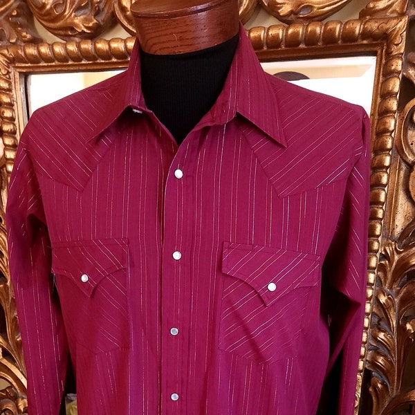 Vintage 80's Men's Ely Cattleman Burgundy Metallic Stripe Western Shirt with Pearl Snaps