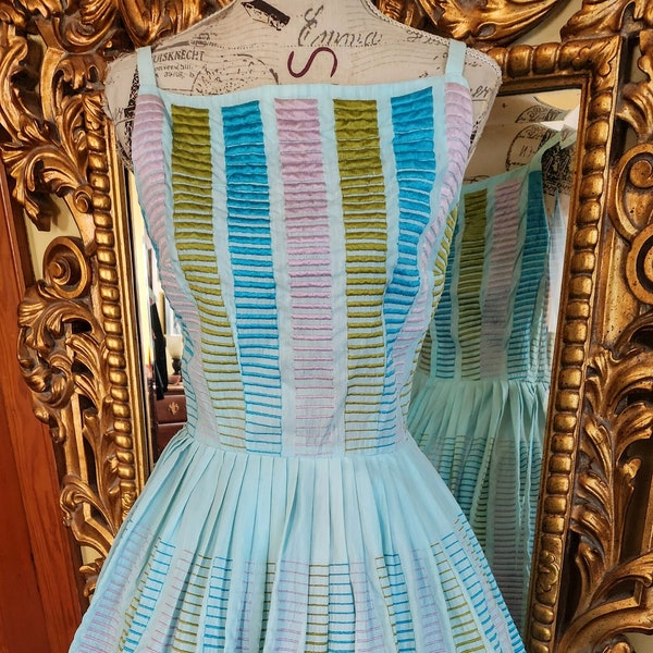 Vintae 50's Jeanne D'arc Aqua Blue Pink & Green Embroidered Gradient Sun Dress