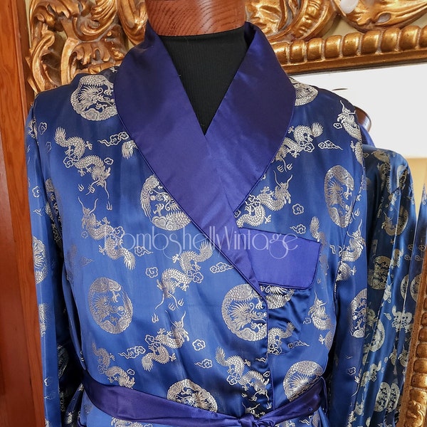 Vintage Men's 60's Solz Squirell Blue Satin Asian Dragon Print Smoking Jacket Short Robe