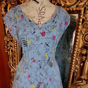 Vintage 50s Empire Blue Novelty Print Cotton Fit and Flare Dress with Rhinestones XL
