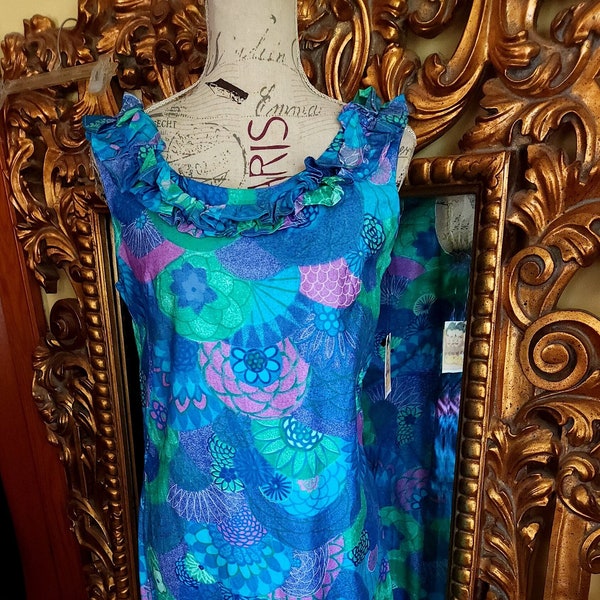 Vintage 60's Casual Aire Blue and Pink Floral Hawaiian Maxi Dress