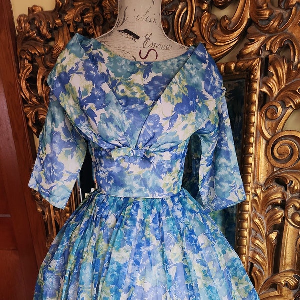 Vintage 50's Blue and Purple Printed Floral Chiffon Fit & Flare Dress