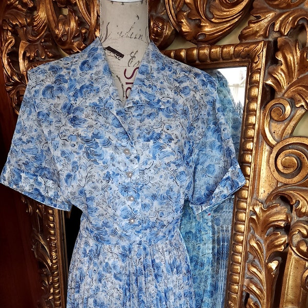 Vintage 50's Betty Hartford Blue Floral Nylon Pleated Day Dress with Rhinestone Buttons Volup Size