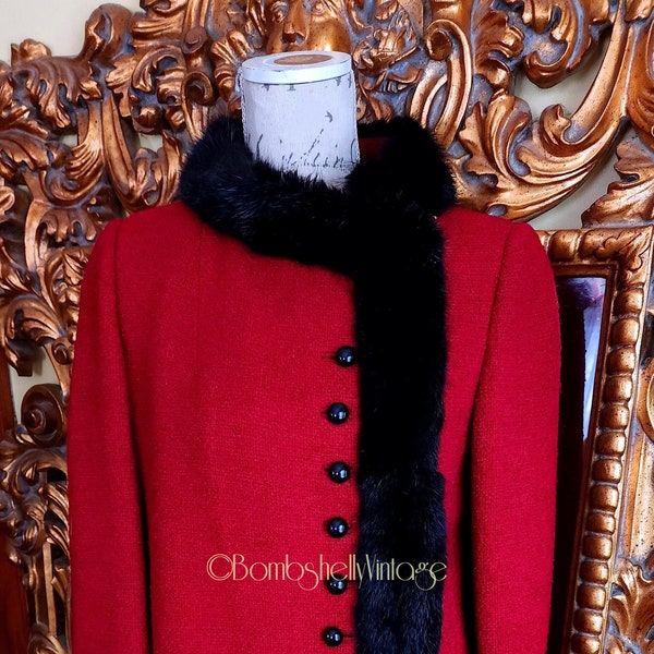 Vintage 60's Canadian Red Wool Short Coat with Black Fur Trim