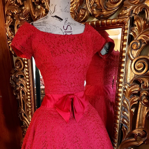 Vintage 50's Red Lace Fit and Flare Party Dress