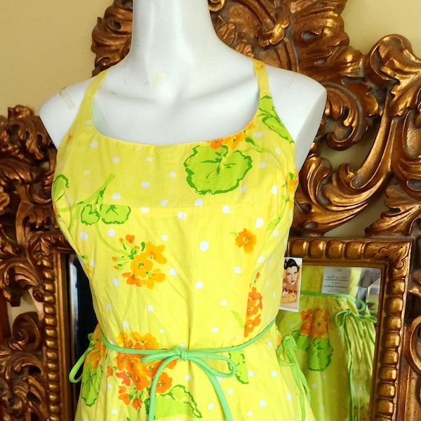 Vintage 60's Gabar Yellow and Green Polka Dot FloralCotton Playsuit Sunsuit