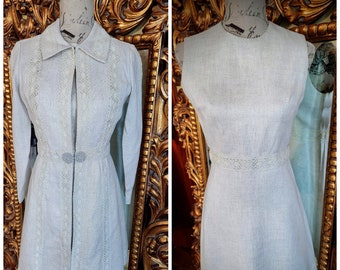Vintage 60&#39;s Beige Linen Dress and Matching Coat with Crochet Lace Detail